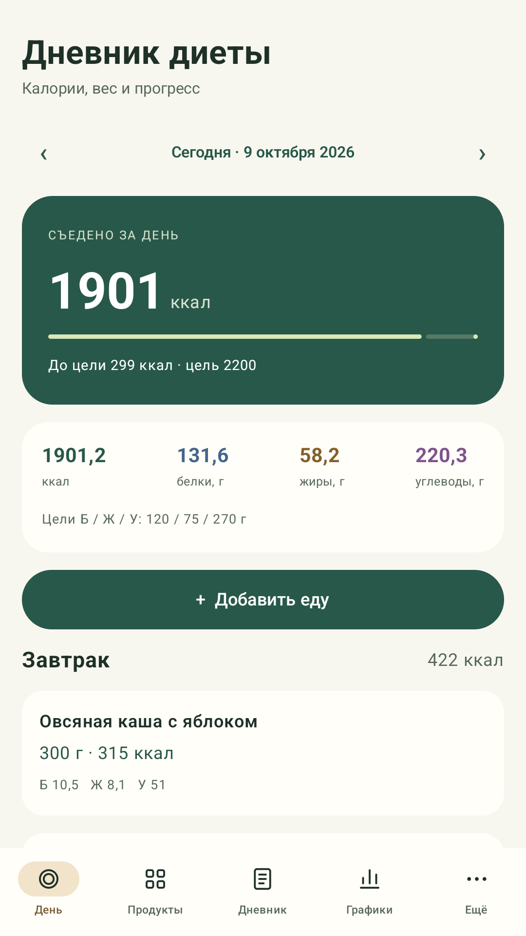 Экран приложения: калории и БЖУ за день, список съеденных порций